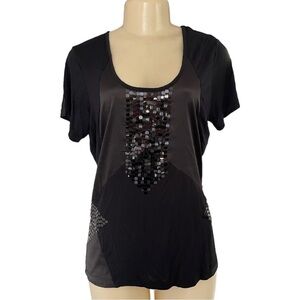 WALTER‎ Black Sequins Satin Rayon Stretch Short Sleeve Scoop Neck T-Shirt
